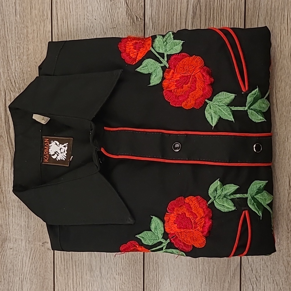 KARMAN Western Embroidered Black Red Roses Sz 16 Long Sleeve Western Snap Shirt